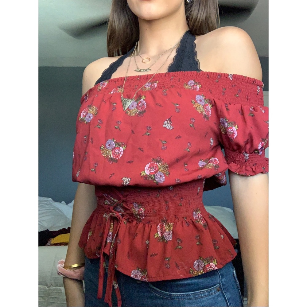 Red off the shoulder top with corset